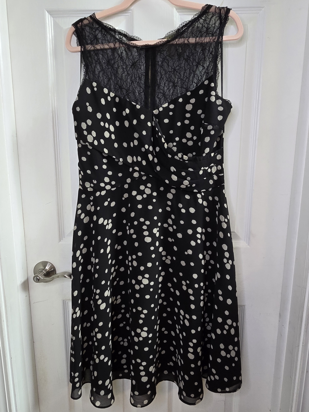 Taylor Black and White Polka Dot Lace-Top Midi Dress